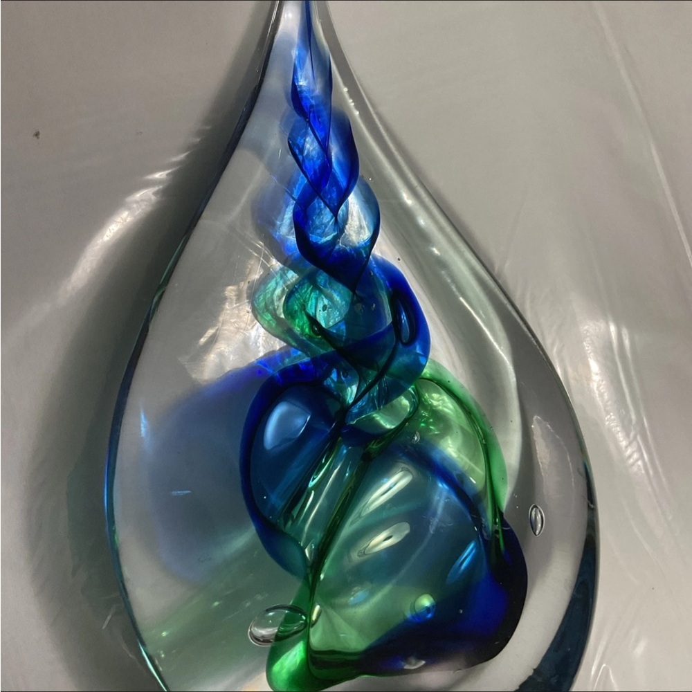 Adam Jablonski Vintage Teardrop Polish Art Glass Blue Green Hand Blown Signed - Picture 2 of 4